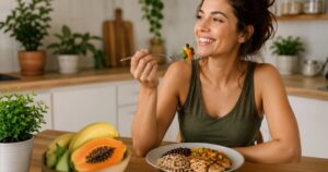 Blog 5 mulher se alimentando com refeição saudável para emagrecer sem dieta restritiva