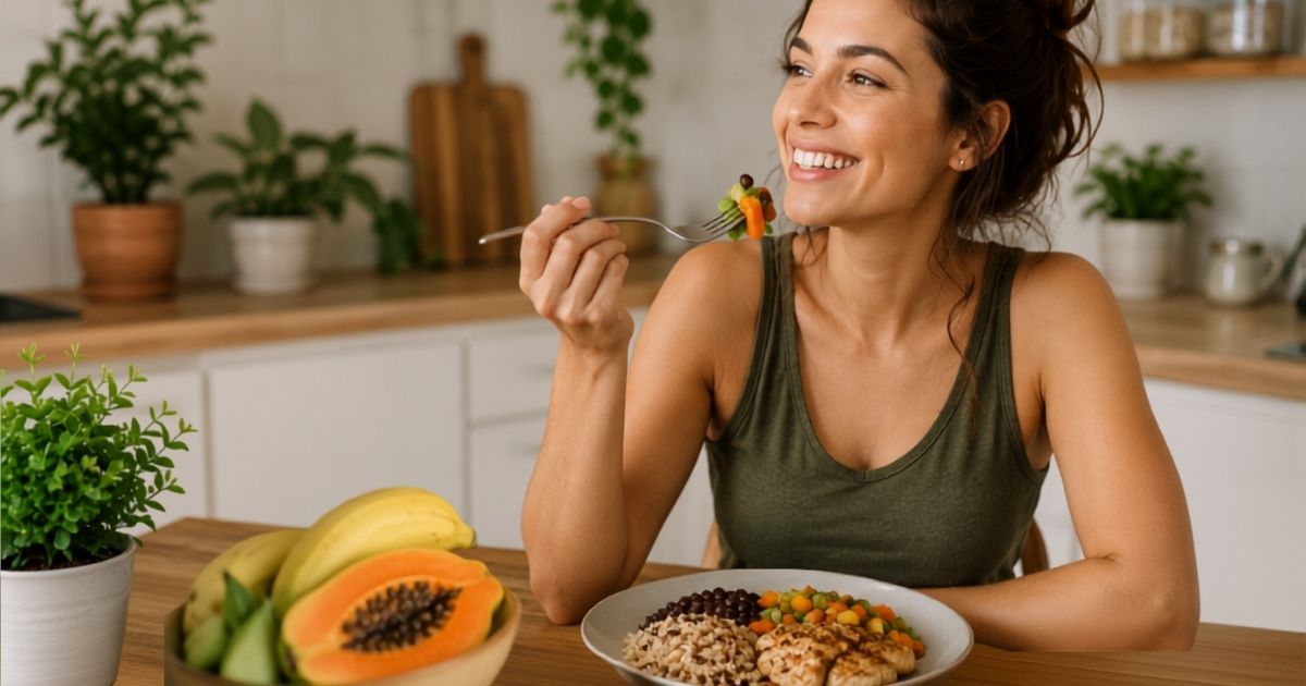 mulher se alimentando com refeição saudável para emagrecer sem dieta restritiva